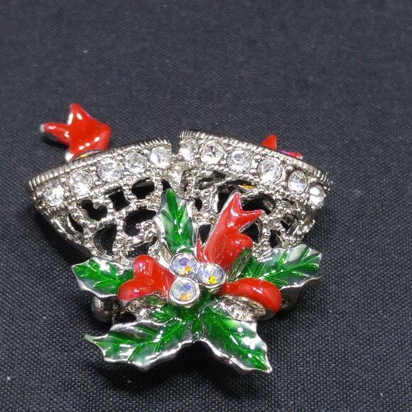Christmas Bell Poinsettia Brooch, Red Green Enamel, 1960s Vintage Jewelry - Picture 9 of 10